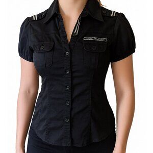 Womens Vintage Y2K Rocawear Black Blouse Military Preppy Fitted Grunge Ruched S